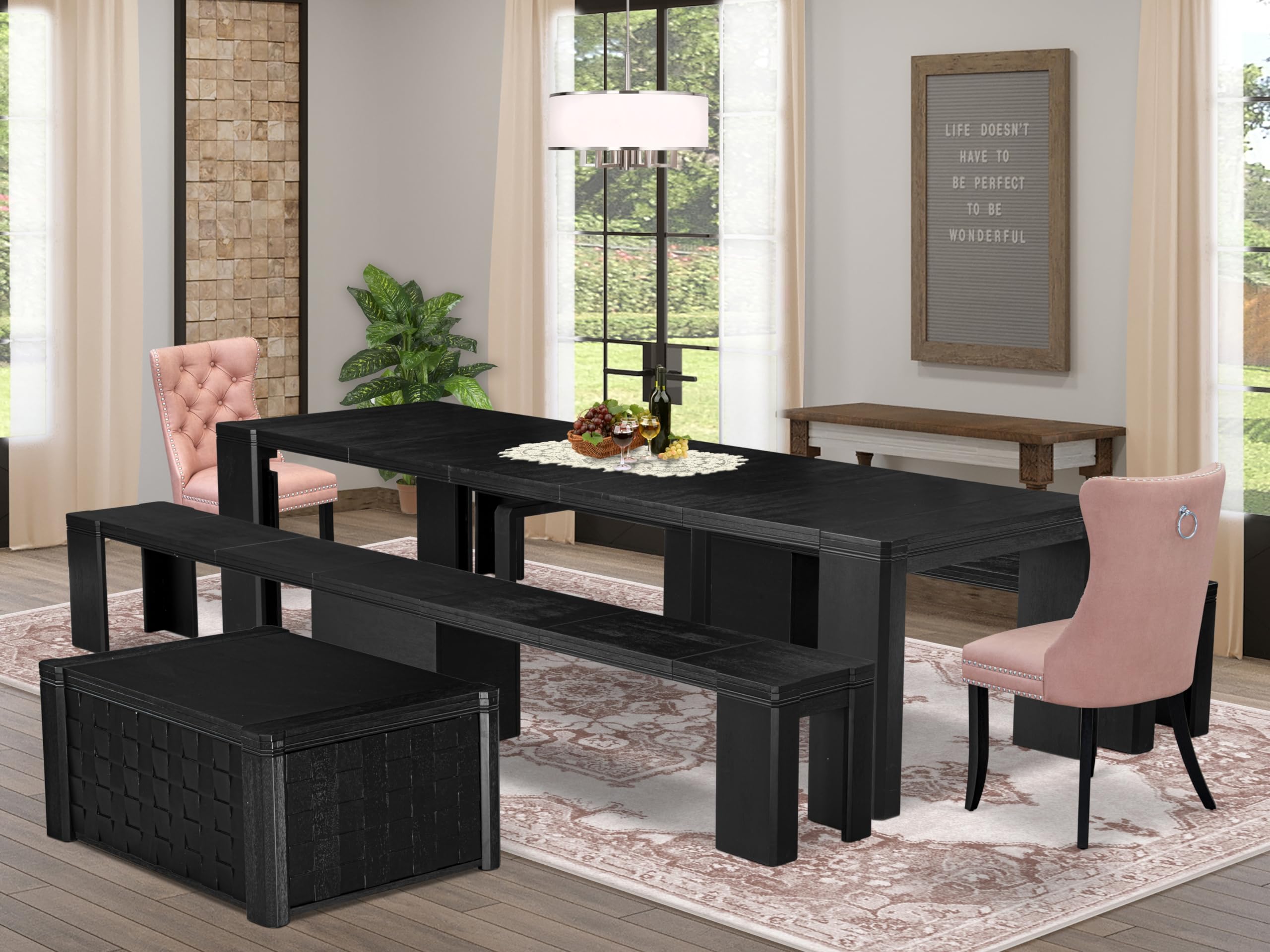 Luxe by East West Furniture - X02DA-2C6-23 - 6-pc Dining Table Set a Kitchen Table with a coffee Table and 2 wooden Benches and 2 Beige Red Faux Leather Dining Chair, 39x120 Inch, Wire Brushed Black